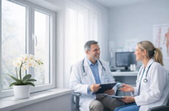 Медичний кабінет із зачиненим вікном, живою орхідеєю на підвіконні та лікарями, що спокійно спілкуються в умовах керованої вентиляції і стабільного мікроклімату.