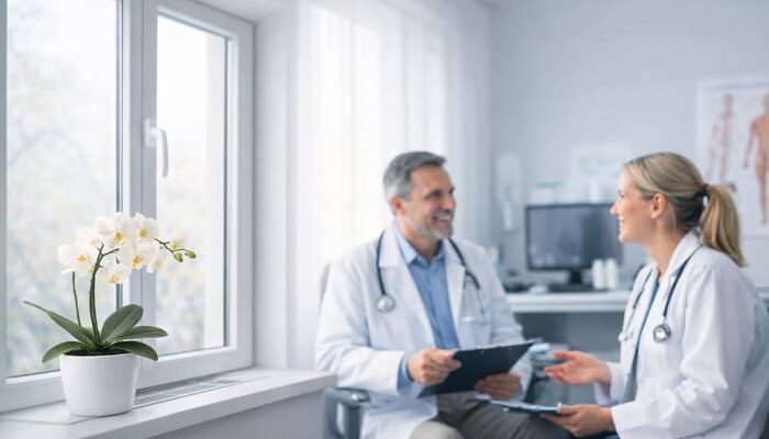 Медичний кабінет із зачиненим вікном, живою орхідеєю на підвіконні та лікарями, що спокійно спілкуються в умовах керованої вентиляції і стабільного мікроклімату.